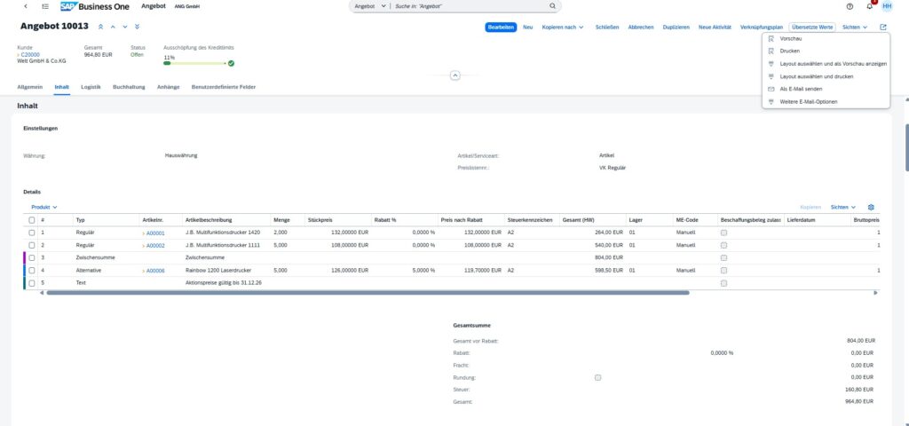 Angebot im SAP Business One Webclient | ANG