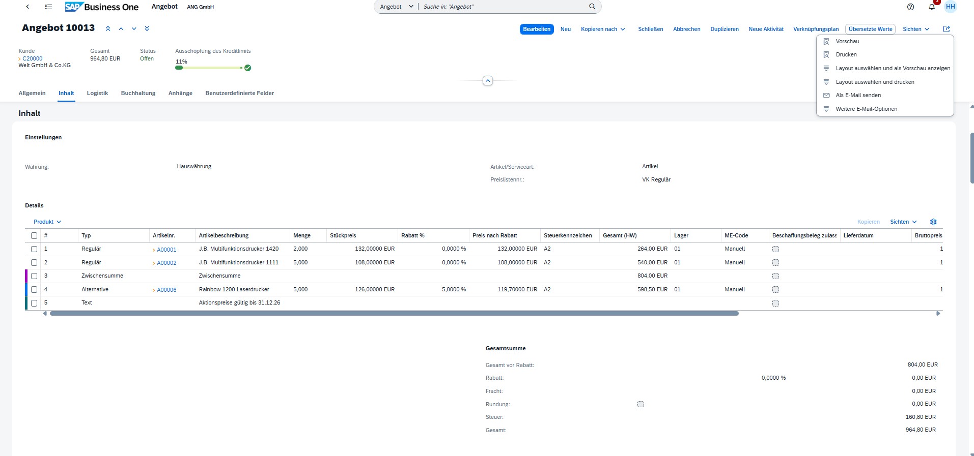 Angebot im SAP Business One Webclient