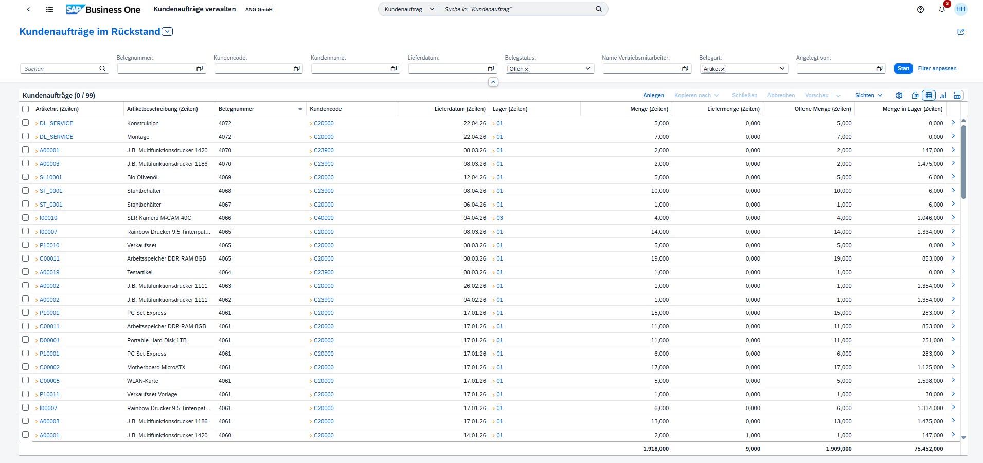 Kundenaufträge mit Rückstand im SAP Business One Webclient