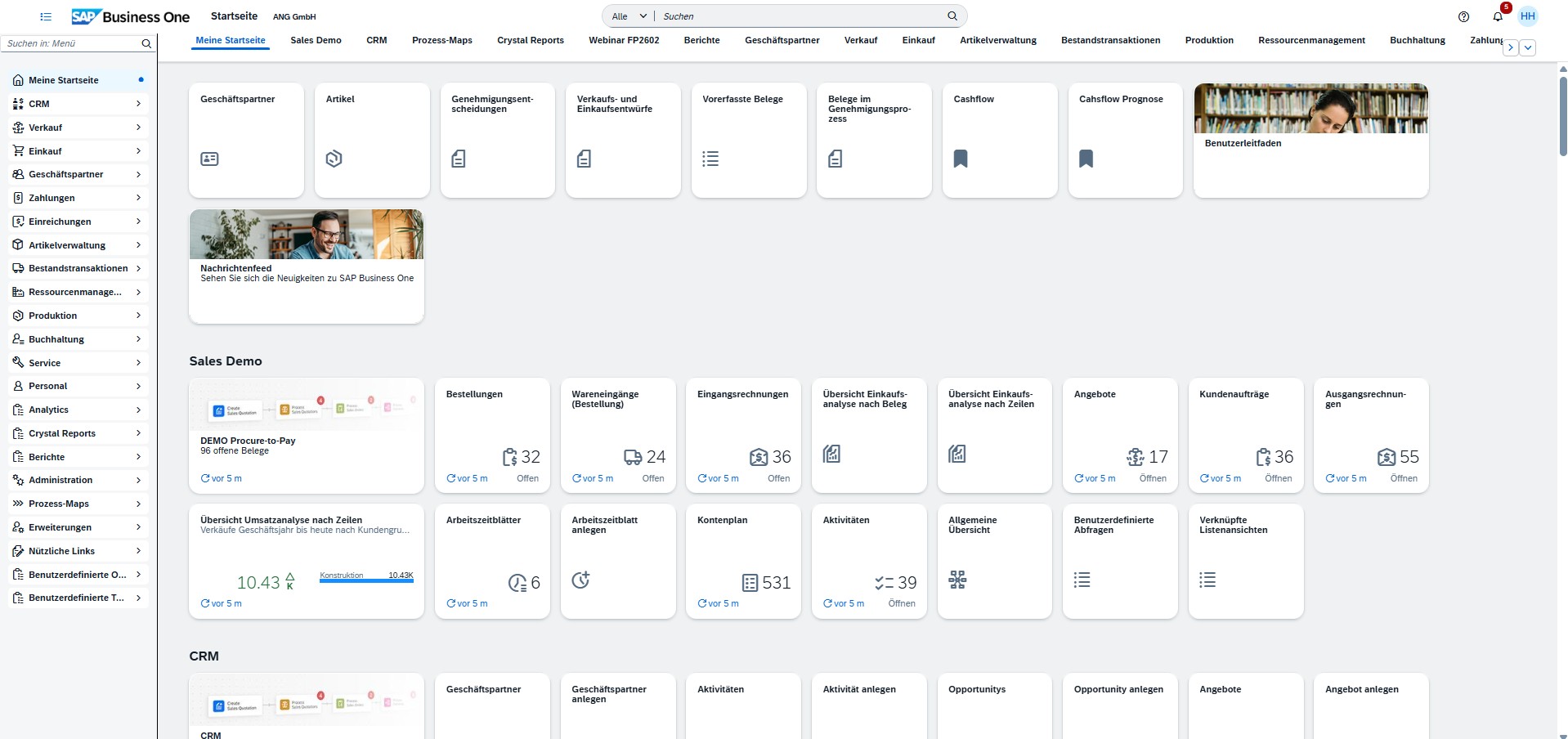 Startseite mit Menue im SAP Business One Webclient | ANG