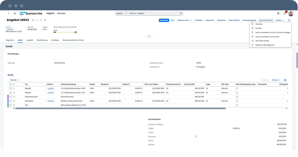 SAP Webclient Angebot in SAP Business One | ANG