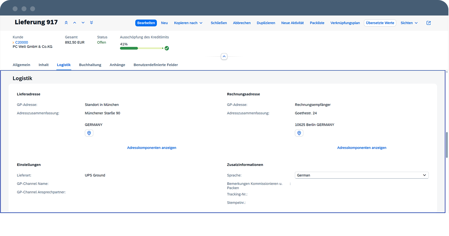 SAP Webclient Lieferung Logistik | ANG
