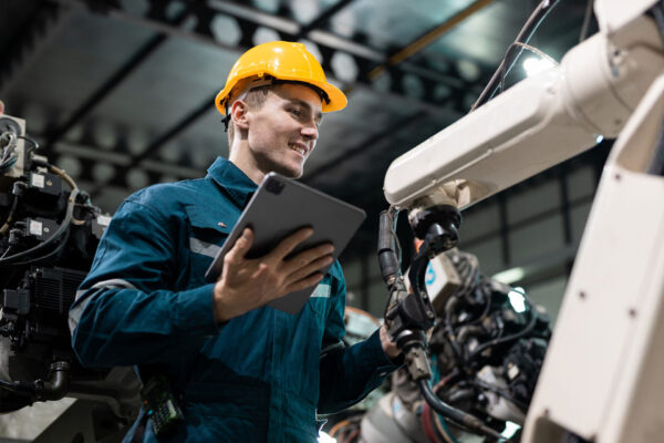 Robotic-engineer-automatic-mechanic-checking-quality-system-of-automation-robot-arms-machine-in-factory.-Service-programming-machinery-welding-robots-in-production-at-factory-industry.